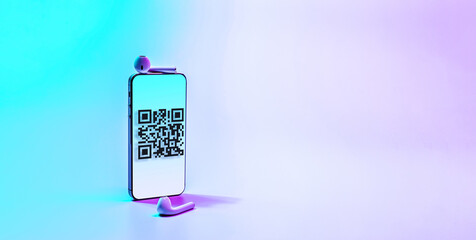 Scan qrcode. Digital mobile smart phone with qr code scanner on smartphone screen for payment, online pay, scan barcode technology on neon background. Retail shop accepted digital pay without money.