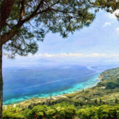 Watercolor and oil mixed landscape paintings in autumn or summer colors. Poster, canvas print or large size background template with wild nature landscape. Rural motifs artwork, textured brush strokes