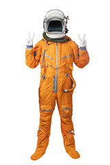 Astronaut wearing orange spacesuit and helmet showing hands with victory sign gestures isolated on...