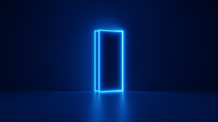 A slightly open neon door to another dimension in a dark blue room. 3D illustration.