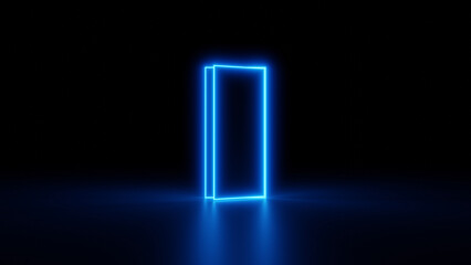 A slightly open neon door in the center of a dark room that leads to another dimension. 3D illustration.