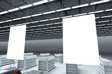 super market hanging empty poster. 3d illustration image rendering
