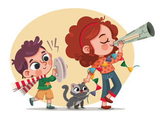 Marching kids with a cat. Vector illustration.