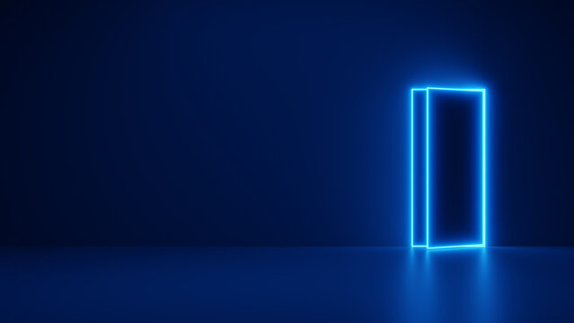 A slightly open neon door to another dimension on the right of a dark blue room. 3D illustration.