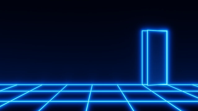 A Slightly Open Door To Another Dimension On The Right Of A Dark Room With The 80s Retrowave Style Blue Neon Grid Floor. 3D Illustration.