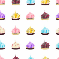 Seamless pattern with multi-colored appetizing swirls of meringue and cream on biscuit dough with sprinkling