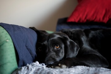 Beautiful black labrador retriever dog lying comfortably on a couch. His look is deep and moving.