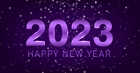 Happy New Year 2023 background template. Holiday vector Illustration of purple numbers 2023 on snowy background. Modern Happy New Year Background