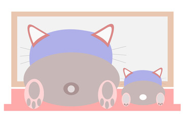 Behind mother cat and kitten sitting and look at televison. Pets in home.