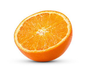 Orange fruit cut in half on white background.