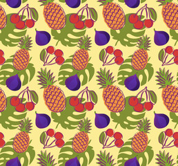 seamless pattern with berries and fruit, pineapple, cherry, figs. Vector illustration