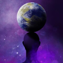 3D Illustration of planet earth is placed on top of a human head. 