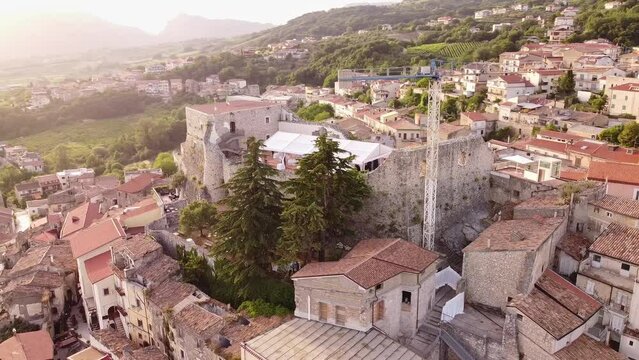 Aerial circular view of ancient castle, Guardia Sanframondi. Italy. Real time