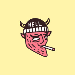 Hype devil head in beanie hat smoking cigarette, illustration for t-shirt, sticker, or apparel merchandise. With retro cartoon style.
