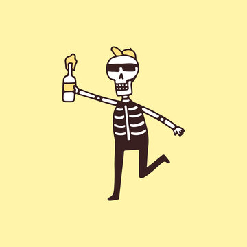 Hype skull wearing hat and sunglasses holding bottle of beer, illustration for t-shirt, sticker, or apparel merchandise. With retro cartoon style.