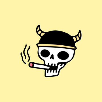Skeleton wearing Viking helmet and smoking cigarette, illustration for t-shirt, sticker, or apparel merchandise. With retro cartoon style.