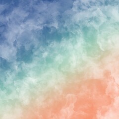 Fototapeta na wymiar 抽象的背景イラスト）青と黄緑とオレンジのグラデーションの空に雲　正方形バナー　幻想的　ふわふわ