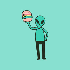 Alien character holding burger, illustration for t-shirt, sticker, or apparel merchandise. With retro cartoon style.