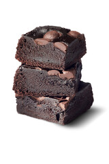 Stack of homemade brownies with dark chocolate, isolated on a white. Macro photo with shallow depth of fields.
