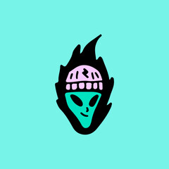 Cool alien head wearing beanie hat on fire, illustration for t-shirt, sticker, or apparel merchandise. With retro cartoon style.