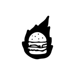 Burger and fire, illustration for t-shirt, sticker, or apparel merchandise. With retro cartoon style.
