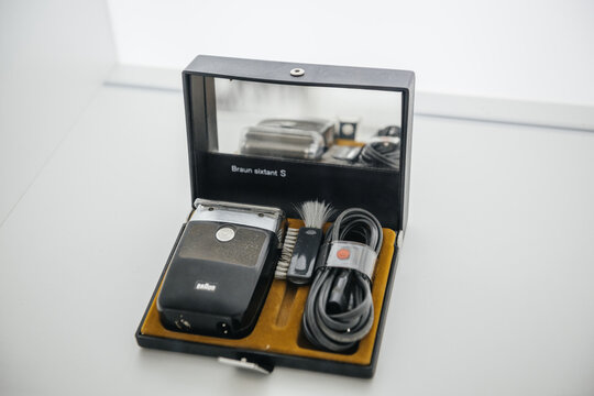 Brussels, Belgium - Jul 14, 2020: Braun sixtant S from 1968 vintage electric shaver on the pure bathroom background