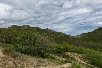 Fototapeta premium View of the road in the gorge of the Echki-Daga mountain. Picturesque view of the Crimean mountains. Fox Bay. Crimea.