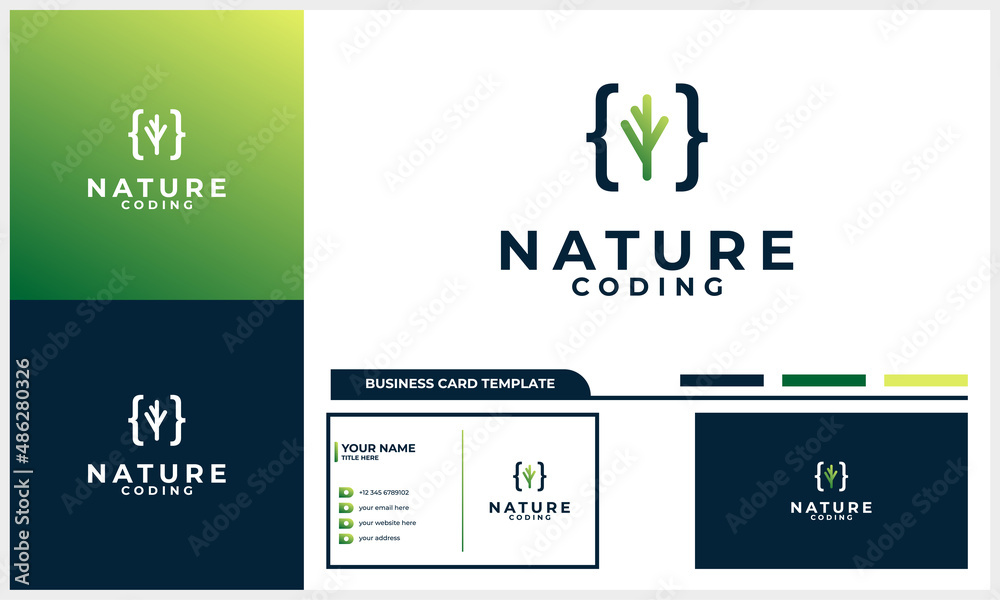 Wall mural nature leaf tree with coding code logo concept with business card template