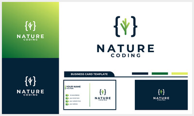 nature leaf tree with coding code logo concept with business card template