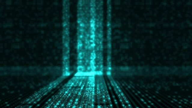 Blau gr&uuml;n leuchtender Datenfluss gebildet aus sich bewegenden Punkten im 3D Raum