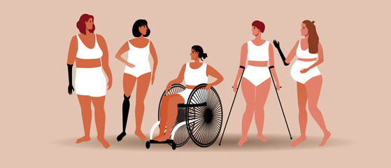 People with disabilities, inclusive group of women, Flat vector stock illustration