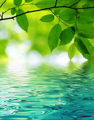 Green leaves spring background near the water