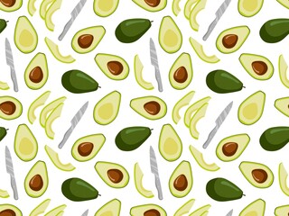 Cutting avocado. Avocado fruit seamless pattern. Whole fruit and cut into slices. Kitchen knife. Organic tropical food eco repeated template for cooking class, wallpaper, wrapping, textile, packaging.