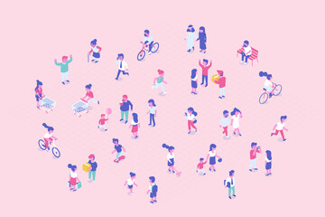 Isometric Male and female characters of different nationalities. Outdoor activity. Flat isometric vector.