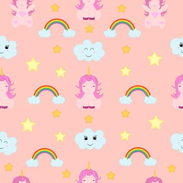 Seamless pattern with unicorn, rainbows, clouds and stars.