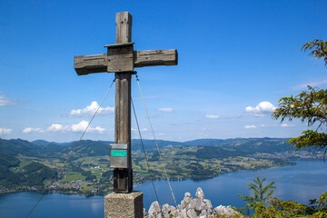 cross on the top of Kleiner Schonberg, 894 m. Austria landscape