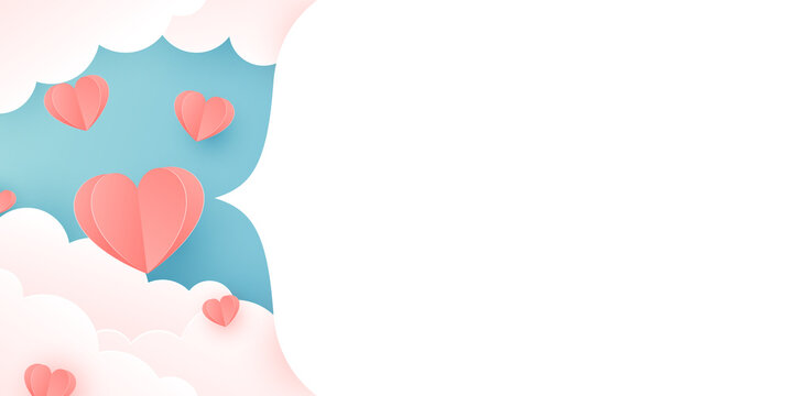 Valentines day banner design. Vector paper cut background with hearts, fluffy clouds. Vector Illustration.