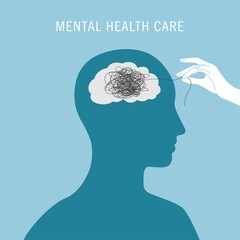 Mental health care. Mental health awareness month. Poster with person, brain, line ball and hand. Psychology illustration
