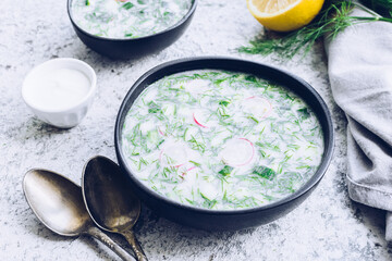 Okroshka. Traditional russian soup with radish