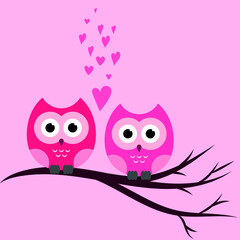 two owls are sitting on a branch. owls in love sit side by side. vector illustration, eps 10.