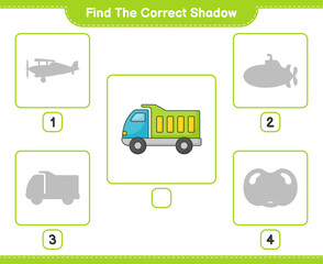 Fototapeta na wymiar Find the correct shadow. Find and match the correct shadow of Lorry. Educational children game, printable worksheet, vector illustration