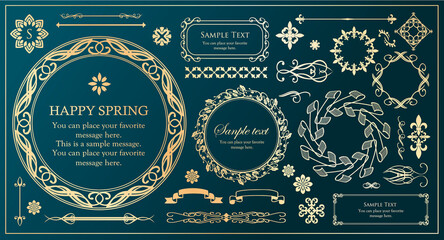 春の植物モチーフのフレームセット。ビンテージフラワー。装飾デザイン。流行りのあしらい