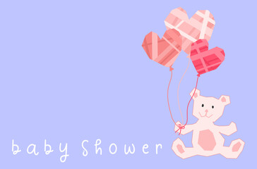 Lovely pink teddy bear character with balloon for baby shower invitation card design, cute teddy bear doll with floating balloon postcard design, smiling teddy bear on purple background.