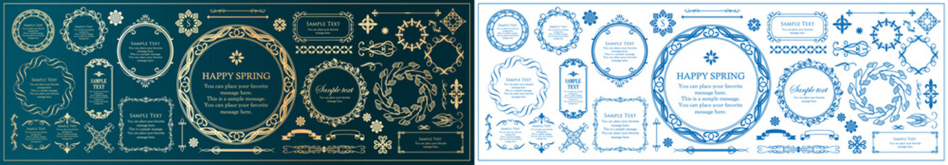 春の植物モチーフのフレームセット。ビンテージフラワー。装飾デザイン。流行りのあしらい
