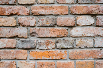 Closeup texture of a red brick wall.