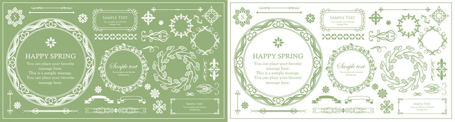 春の植物モチーフのフレームセット。ビンテージフラワー。装飾デザイン。流行りのあしらい