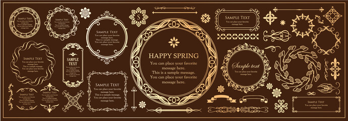 春の植物モチーフのフレームセット。ビンテージフラワー。装飾デザイン。流行りのあしらい
