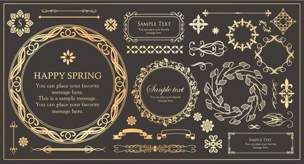 春の植物モチーフのフレームセット。ビンテージフラワー。装飾デザイン。流行りのあしらい