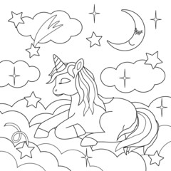 Cute cartoon unicorn sleeps in the sky among the stars and moon. Pony lies on the clouds and dreams. Vector illustration for kids coloring pages.