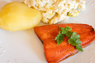 salmon fillet with potatoes and leek cream close-up